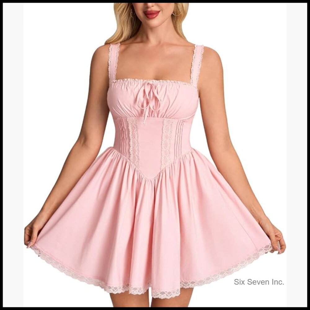 Lace Corset Backless Mini Dress Square Neck Sleeveless Sundress